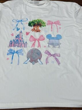 White Graphic Tee with Pastel Disney Icons and Bows